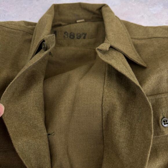 WWII Vtg Wool Shirt US Military Olive Drab Khaki Button Placket Sz 15/32 READ - Picture 6 of 16